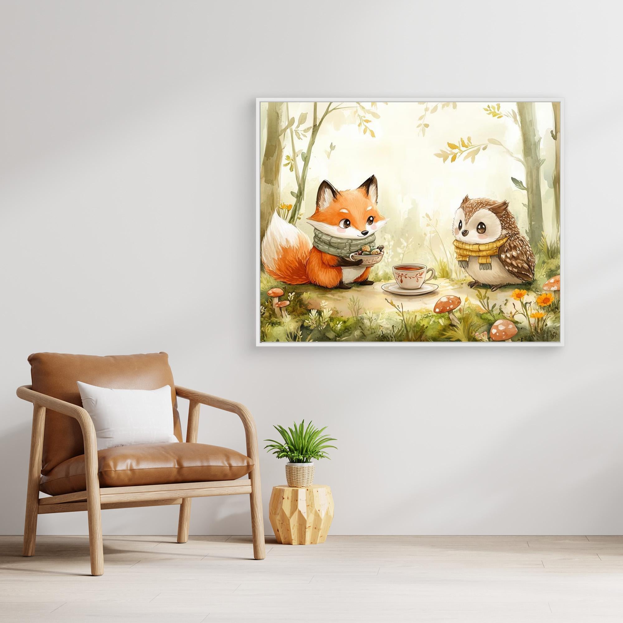 Fox and Owl Tea Party Woodland Wall Art | Nursery Decor - Framed Pop Art