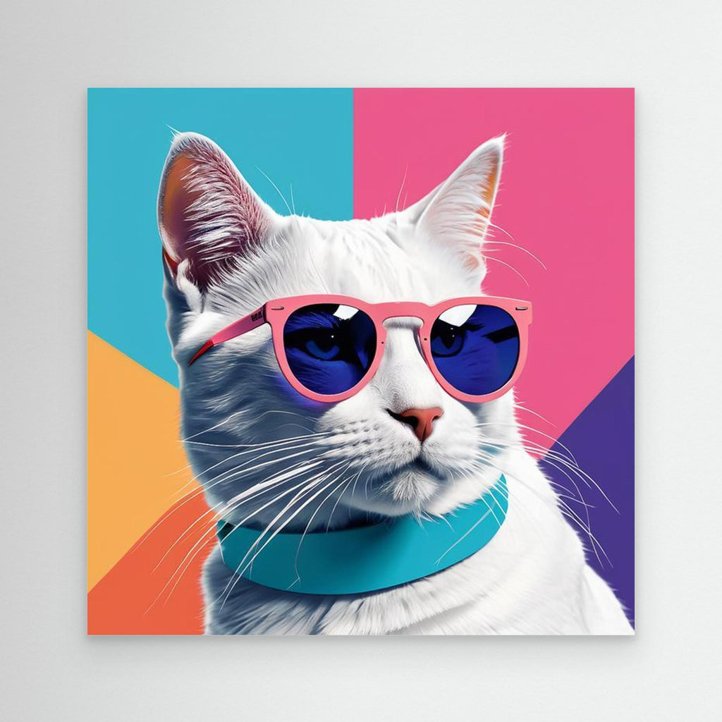 Cool White Cat in Pink Sunglasses Canvas Wall Art - Framed Pop Art