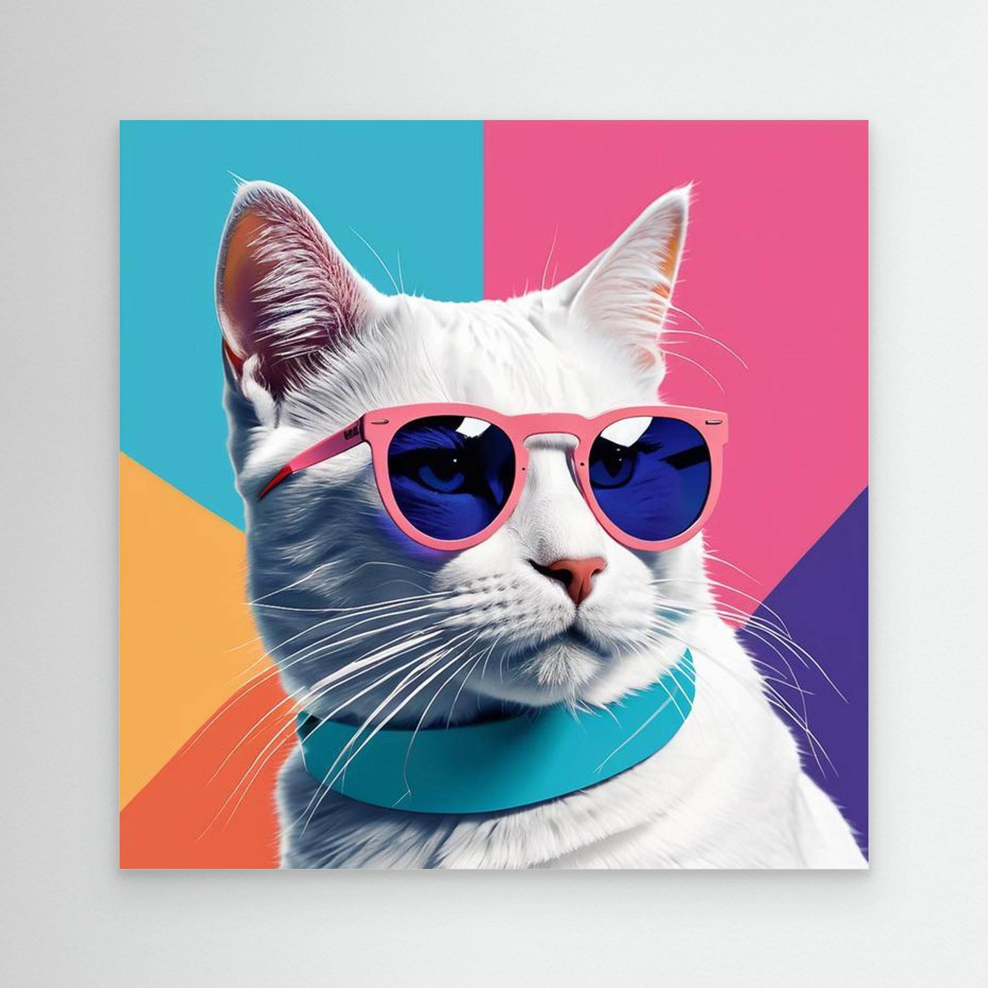 Cool White Cat in Pink Sunglasses Canvas Wall Art - Framed Pop Art