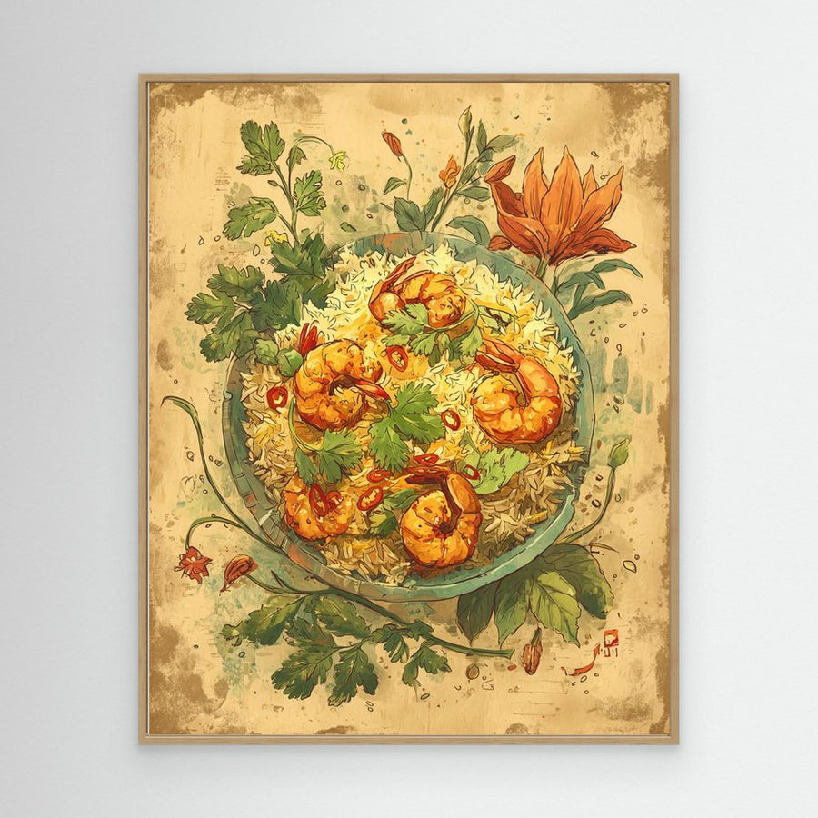 Herby Prawn Fried Rice Rustic Kitchen Wall Canvas Art - Framed Pop Art