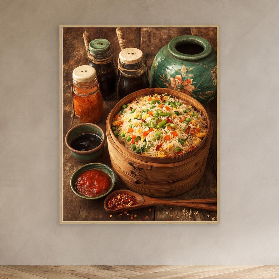 Rustic Bamboo Fried Rice Kitchen Canvas Wall Print - Framed Pop Art