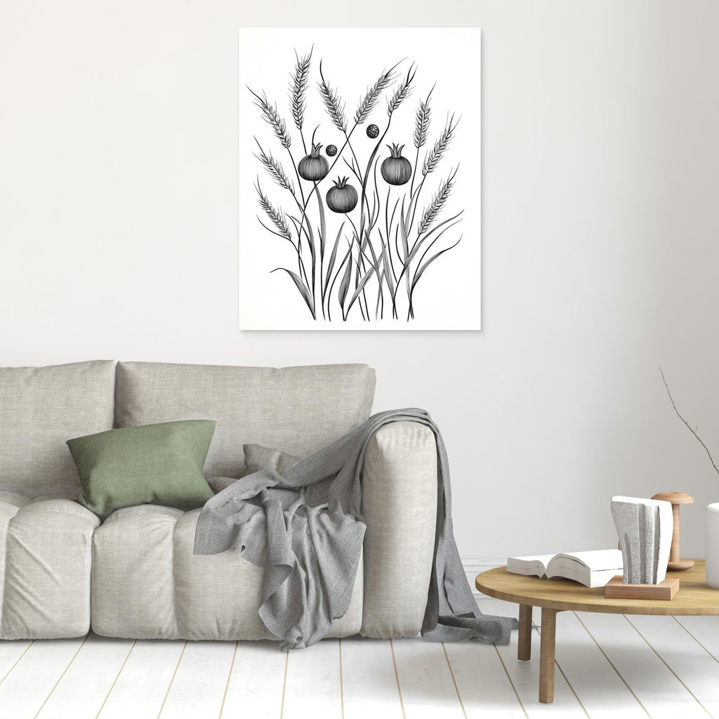 Minimalist Botanical Wheat & Poppy Pod Art Print (UK) - Framed Pop Art