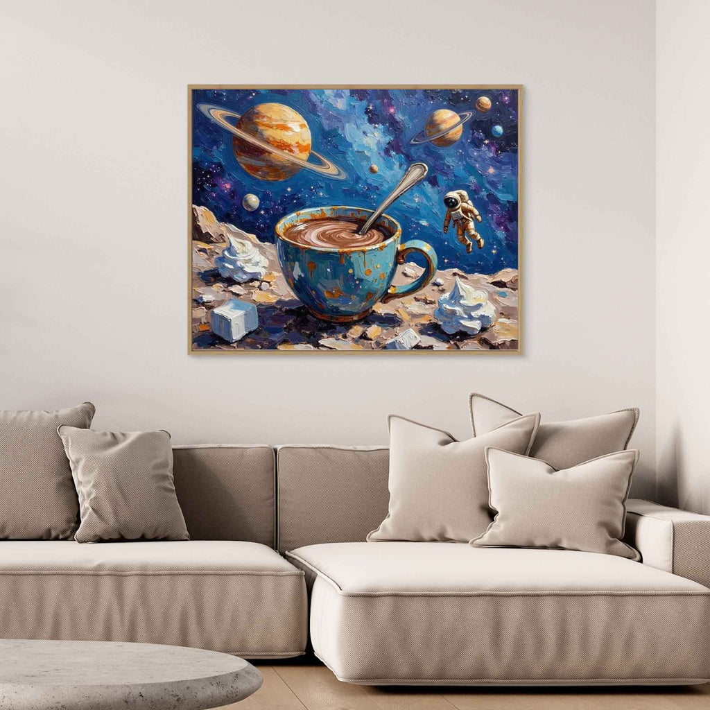 Cosmic Coffee Impressionist Space Canvas Art | UK Made - Framed Pop Art