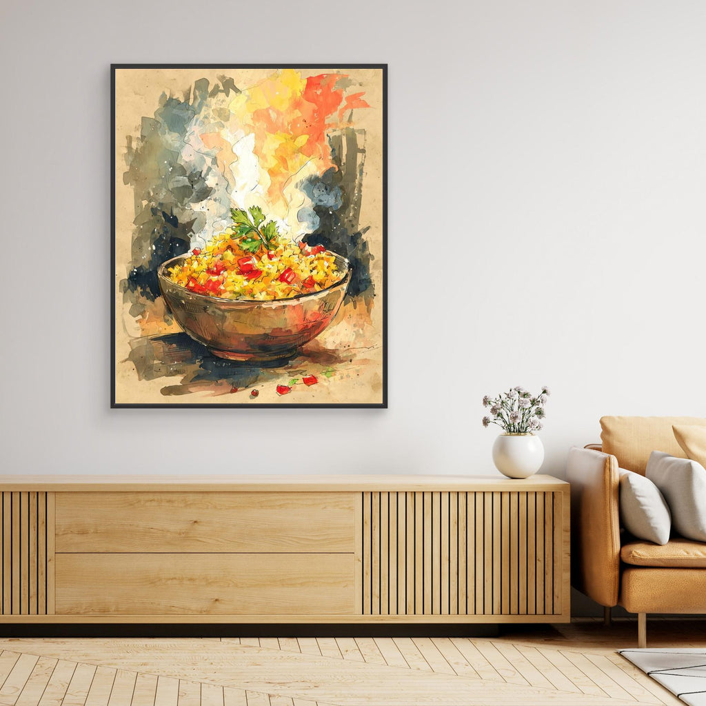 Vibrant Rice Bowl Watercolour Canvas Art | Kitchen Wall Decor - Framed Pop Art