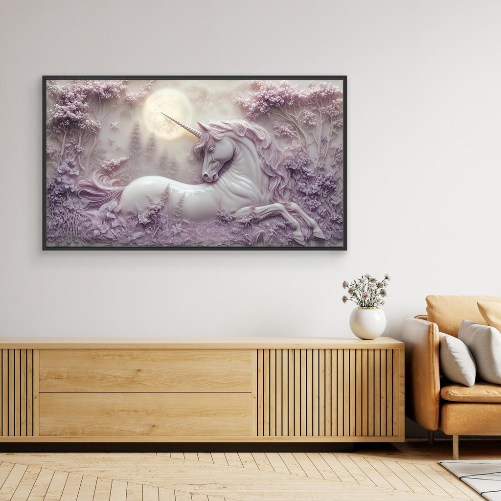 Enchanted Unicorn Moonlit Forest Canvas Wall Art - Framed Pop Art