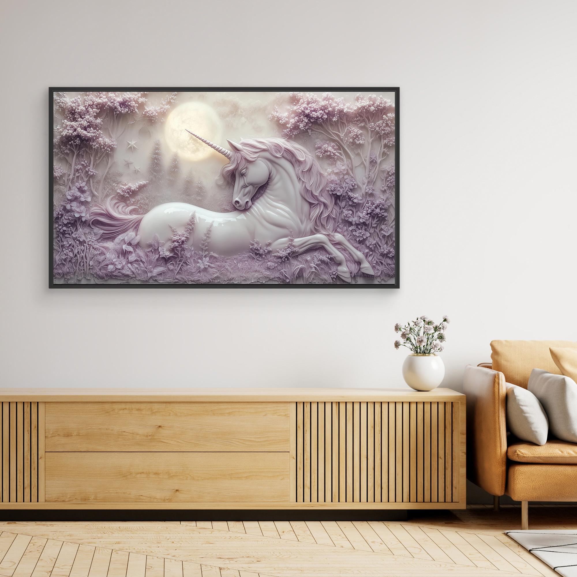 Enchanted Unicorn Moonlit Forest Canvas Wall Art - Framed Pop Art