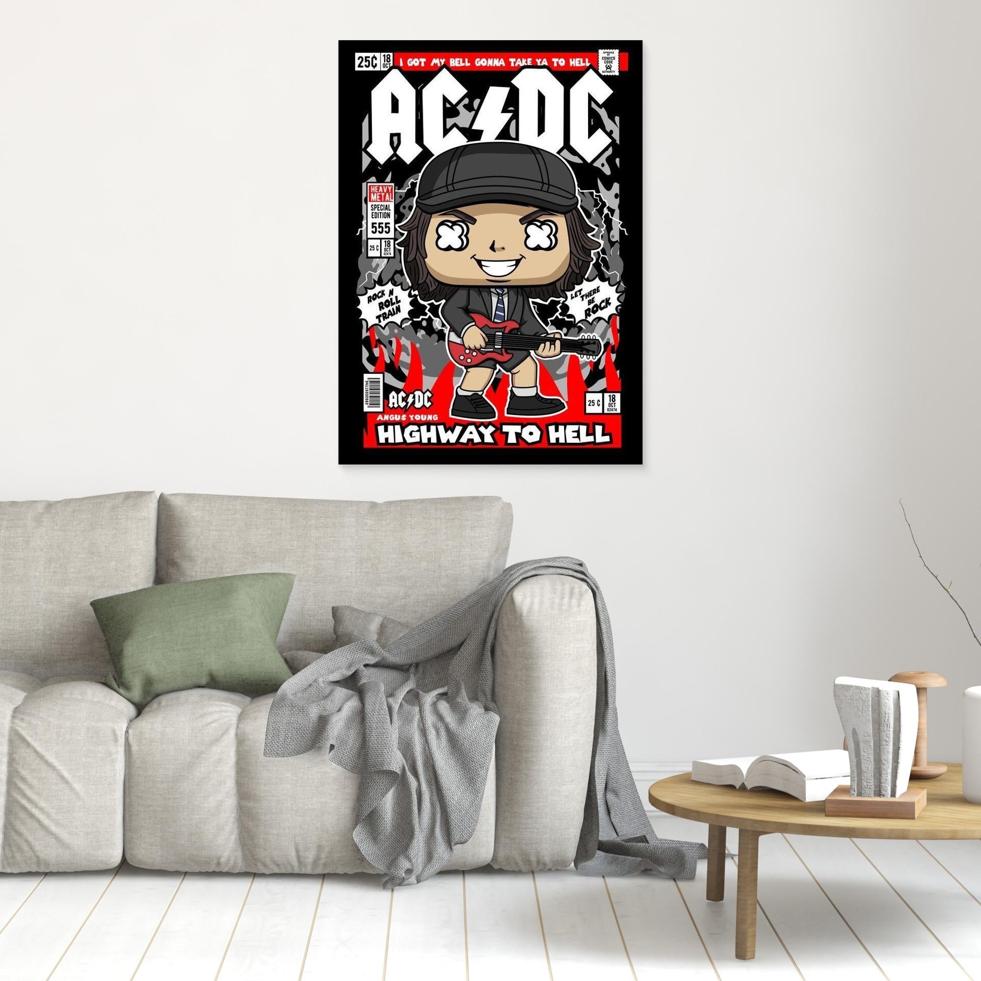 AC/DC Angus Young Comic Style Framed Canvas Art | Rock Decor