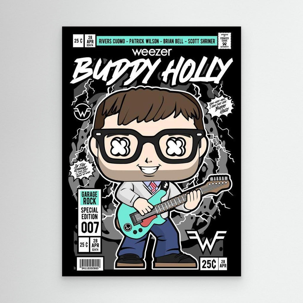 Weezer Buddy Holly Comic Art Print | Music Decor for Office - Framed Pop Art