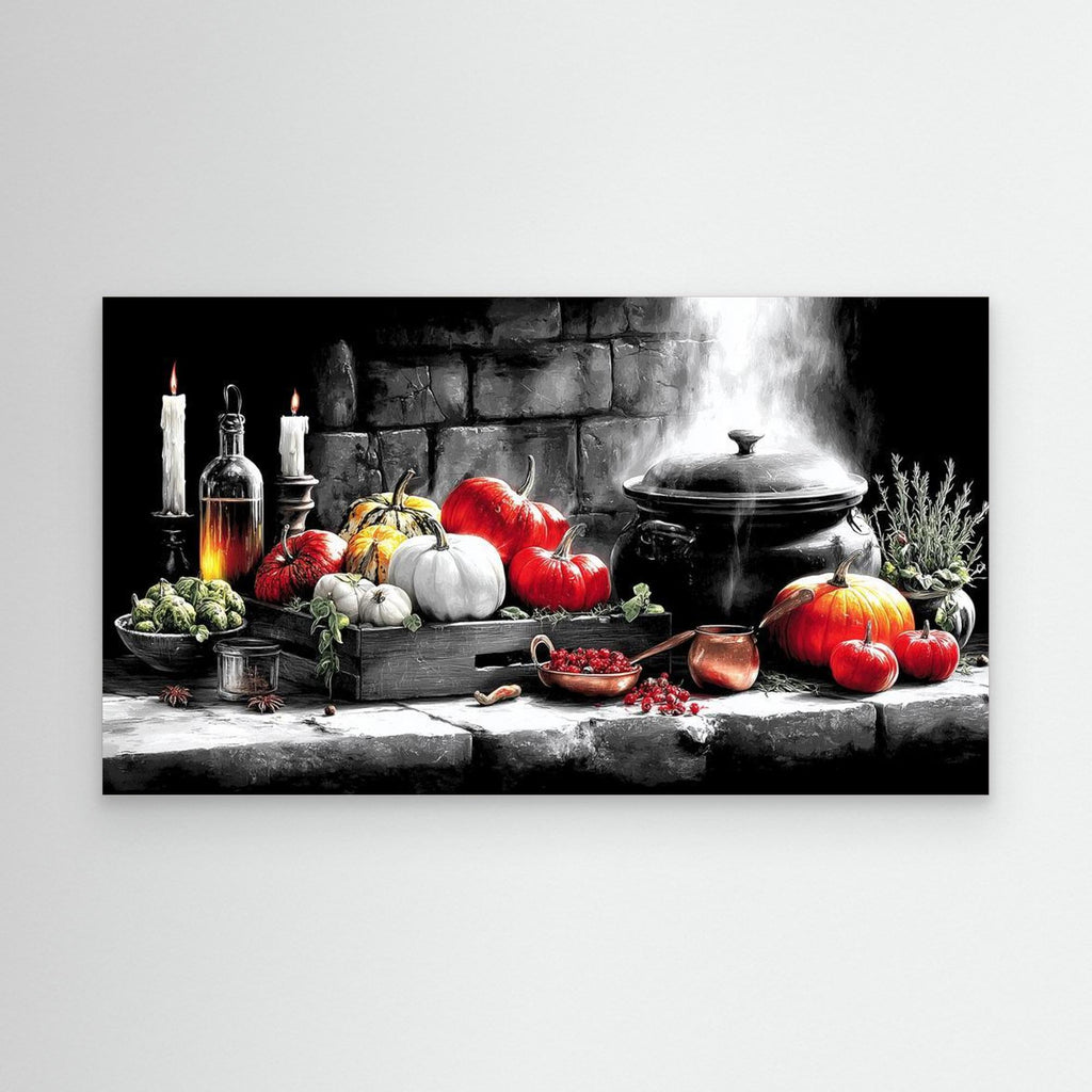 Witchy Harvest Cauldron & Pumpkin Canvas Art Print - Framed Pop Art
