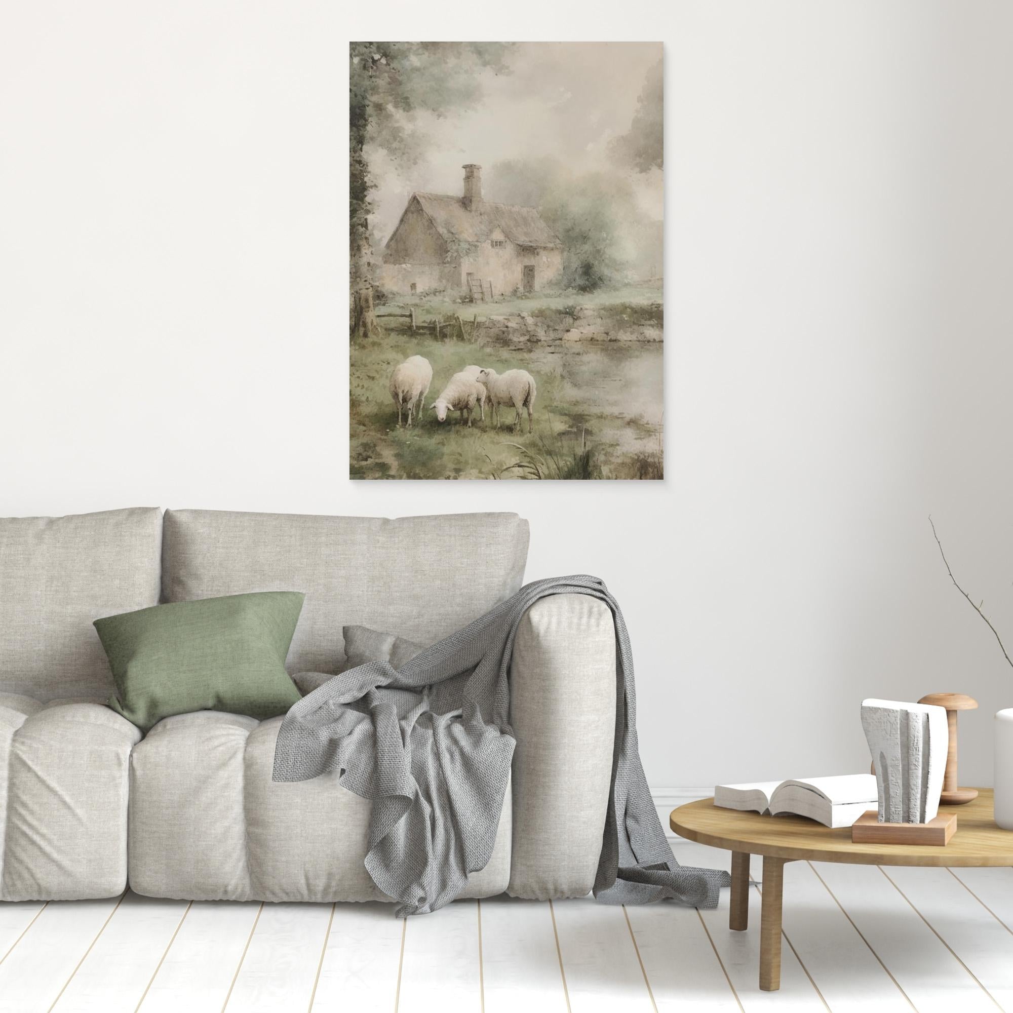 Sheep & Country Cottage Watercolour | Farmhouse Hallway Art - Framed Pop Art