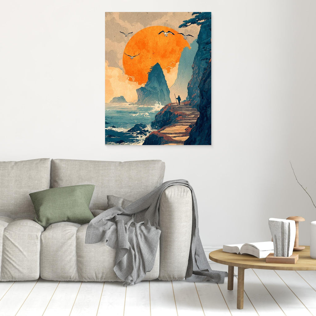 Dramatic Sunset Clifftop Seascape Framed Canvas Art - Framed Pop Art