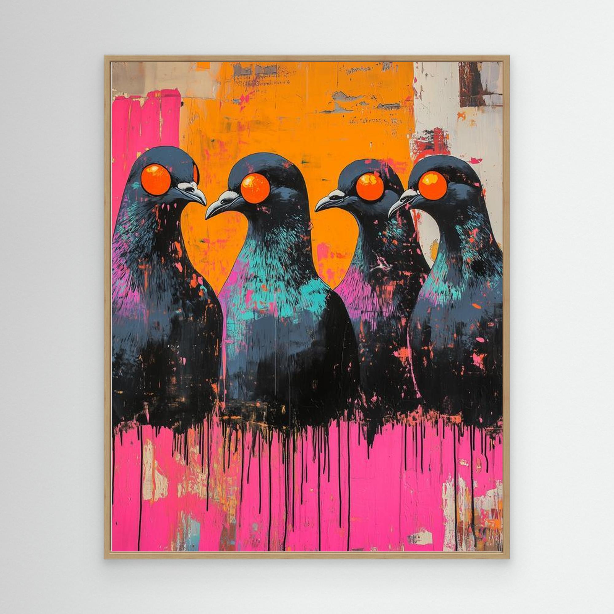 Neon Pigeon Wall Art Canvas for Modern Living Room - Framed Pop Art