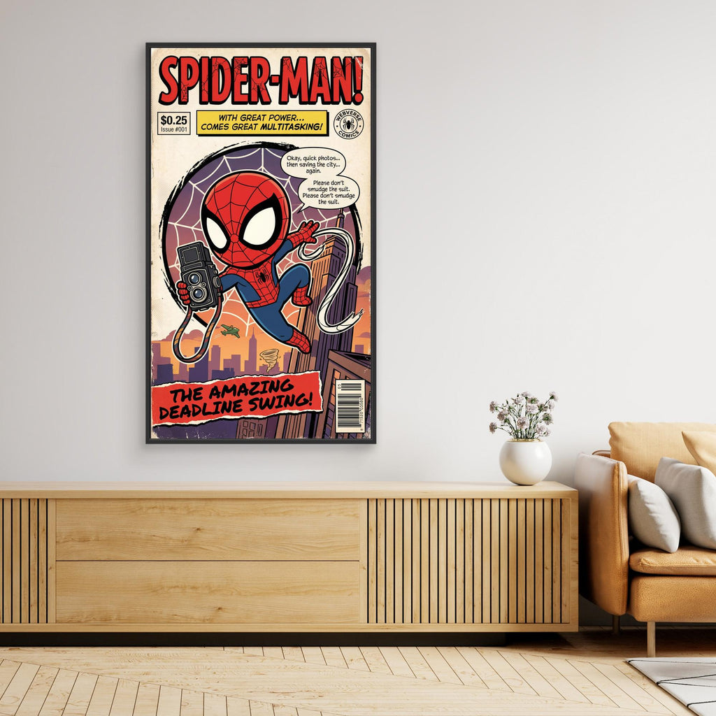 Spider-Man Deadline Swing Comic Art | Chibi Canvas Print - Framed Pop Art