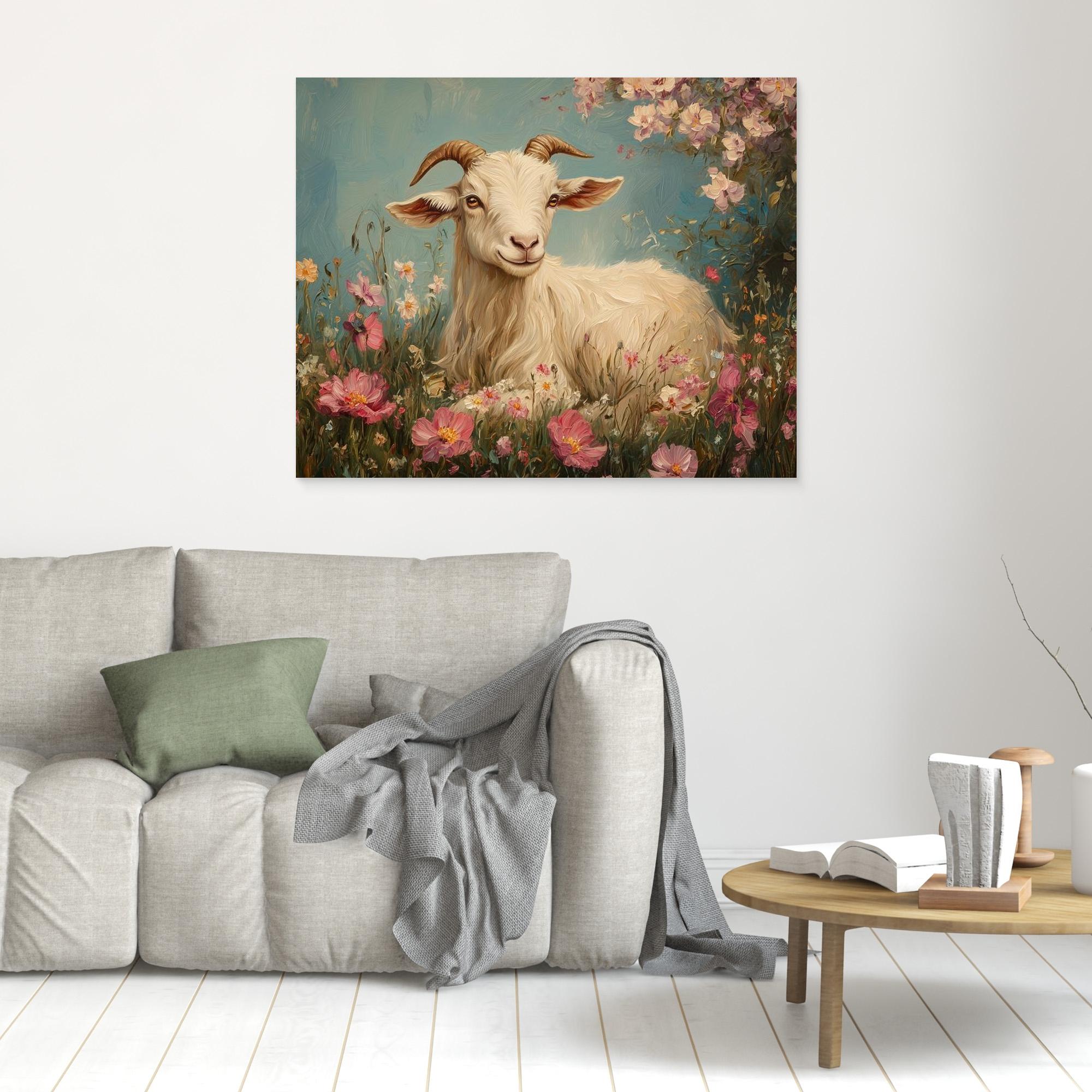 Whimsical Goat in Wildflowers Canvas Wall Art | Country Decor - Framed Pop Art