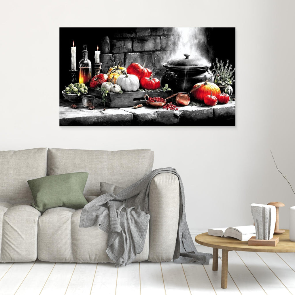Witchy Harvest Cauldron & Pumpkin Canvas Art Print - Framed Pop Art