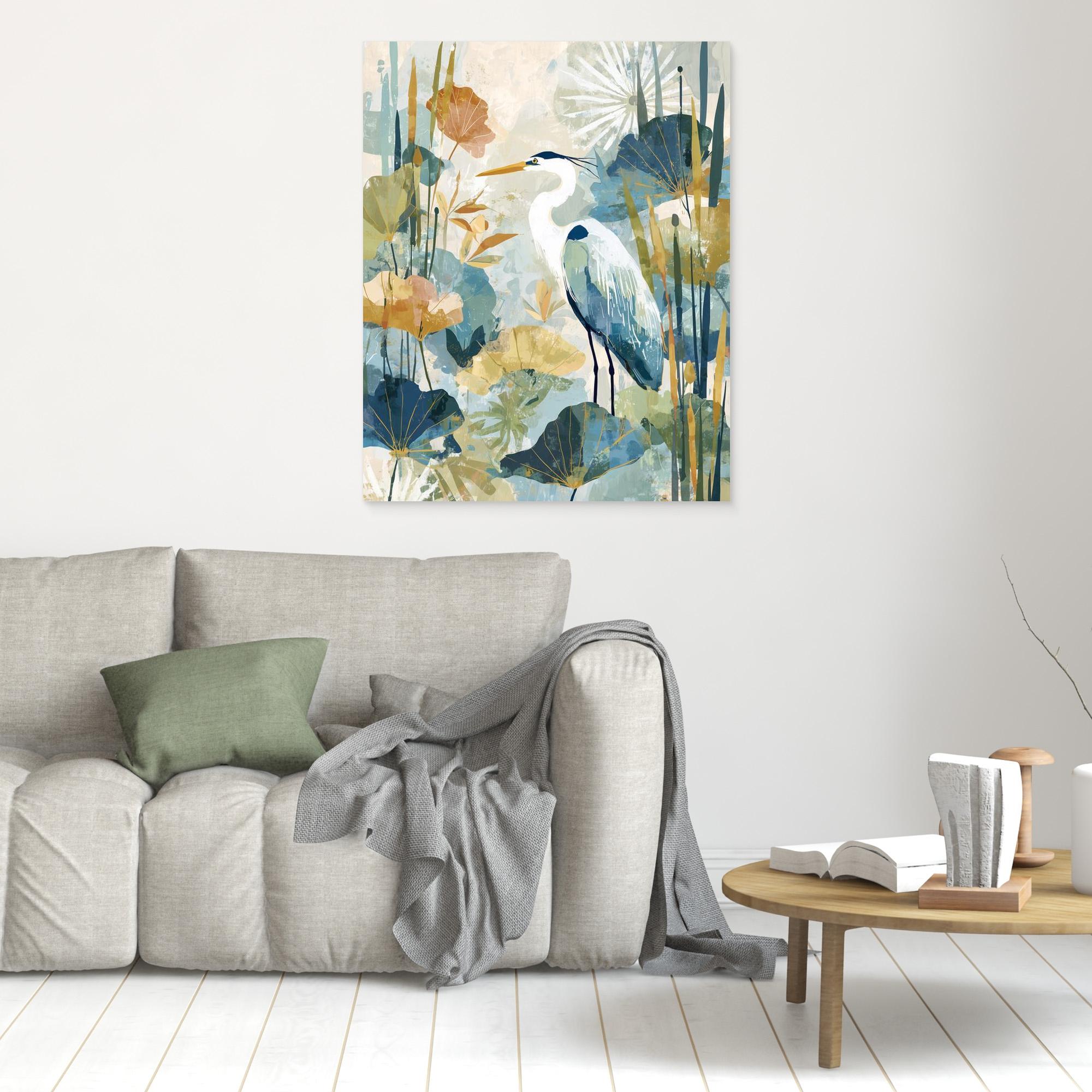 Heron in the Reeds Canvas Wall Art | Modern Nature Print | Nursery - Framed Pop Art