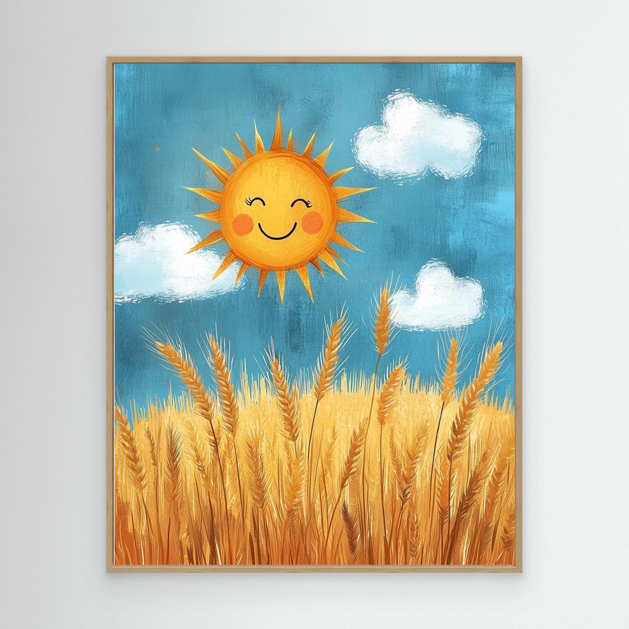Happy Sun & Wheat Field Canvas Art | Cheerful Wall Decor - Framed Pop Art