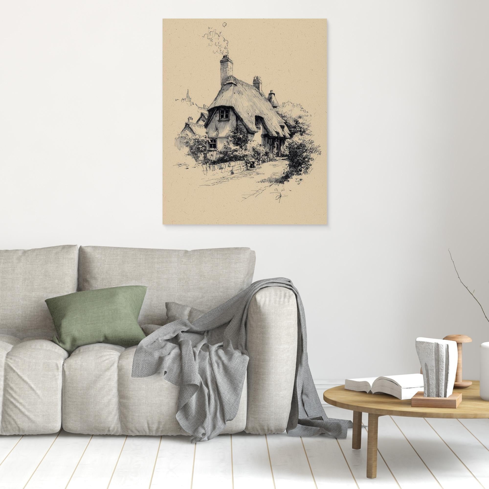 Vintage English Thatch Cottage Sketch | Framed Wall Art