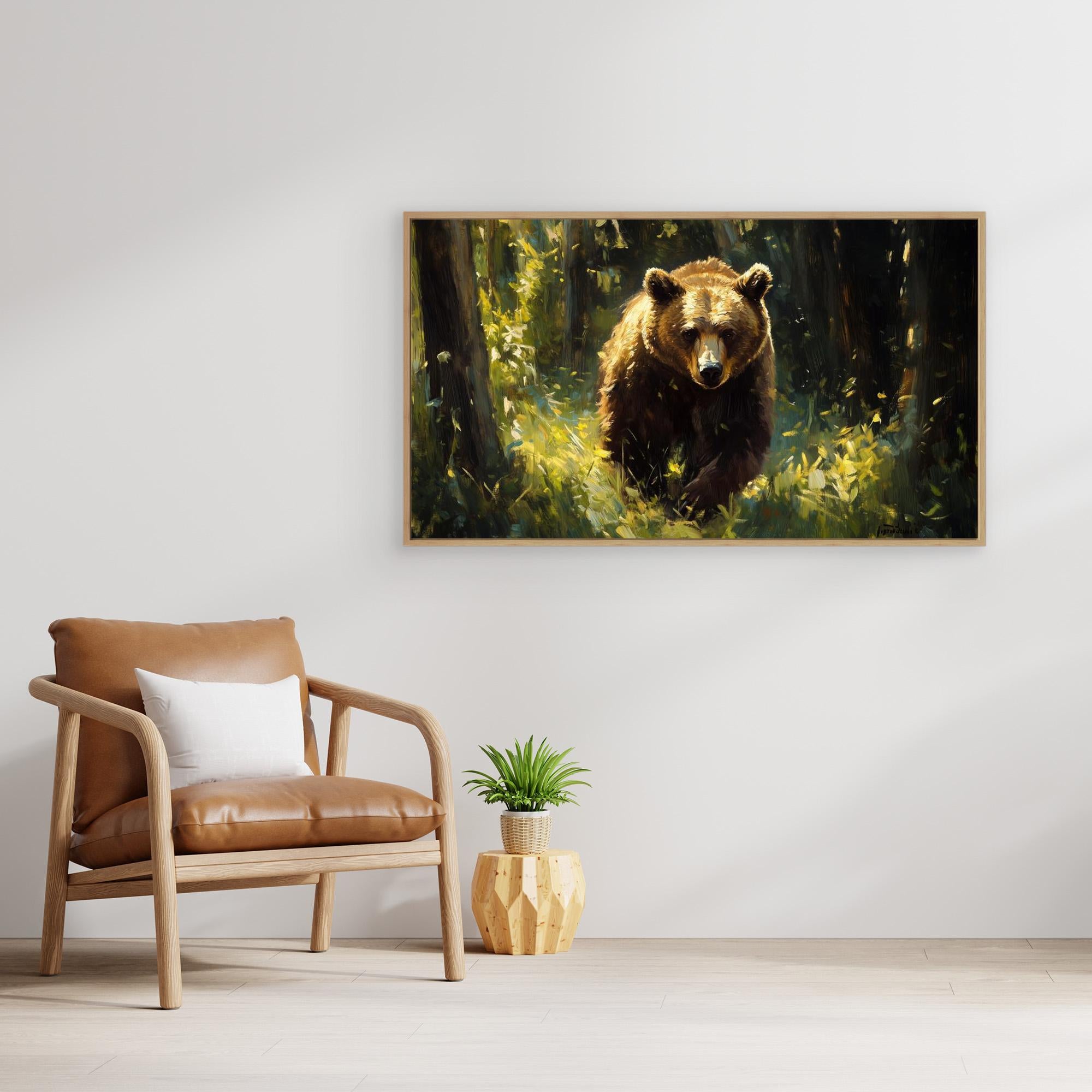 Grizzly Bear Forest Oil Painting Canvas Print | Wildlife Art