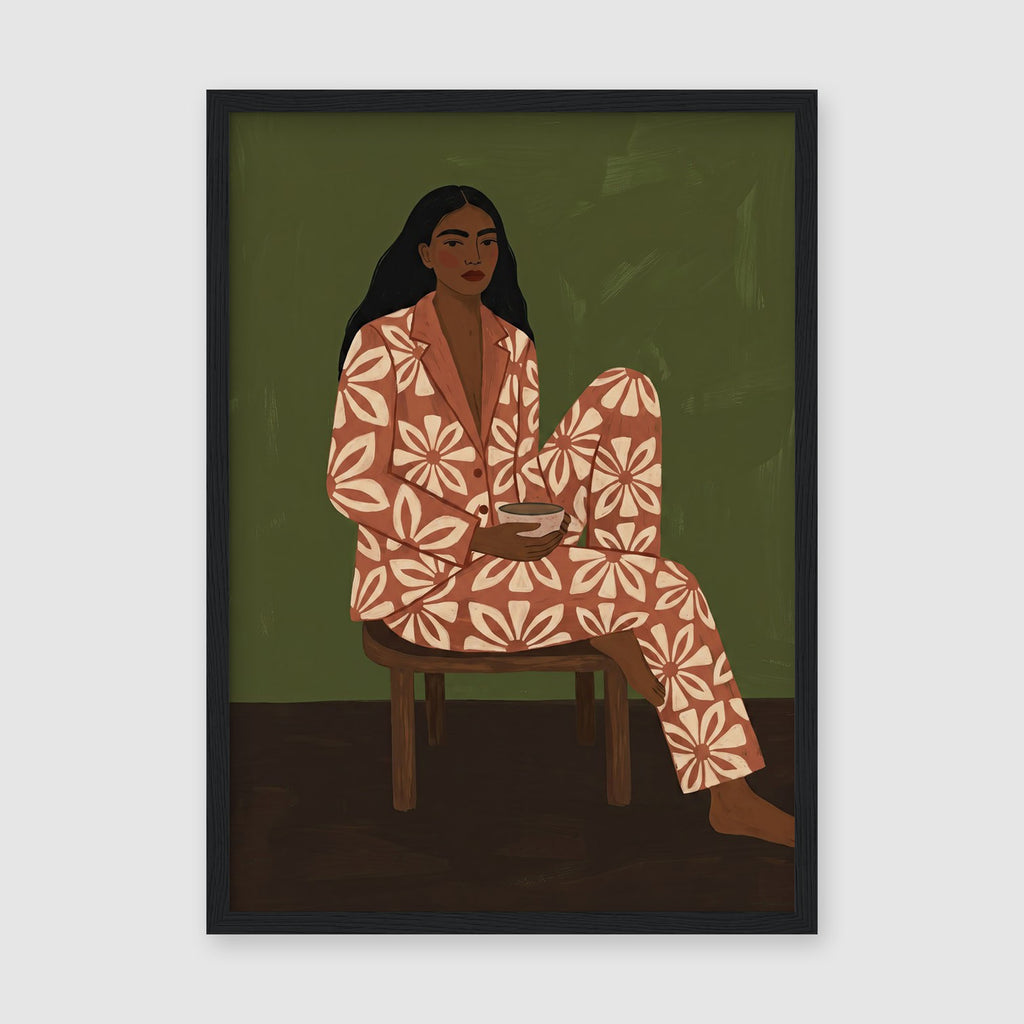 Art print of woman in floral suit seated on wooden chair against green textured backdrop