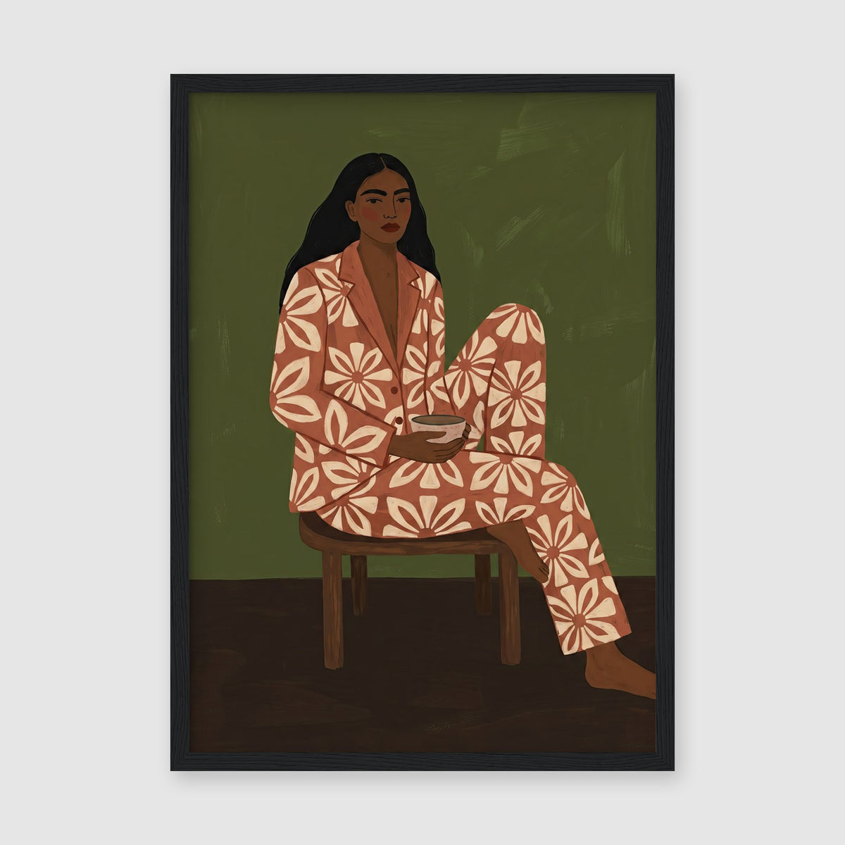 Art print of woman in floral suit seated on wooden chair against green textured backdrop
