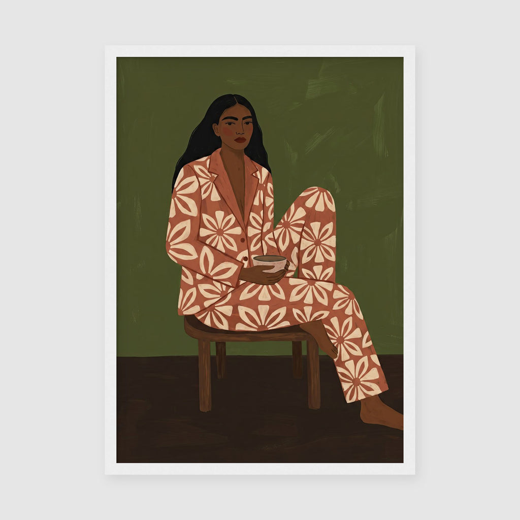 Modern portrait print in white frame featuring woman in bold terracotta geometric patterns