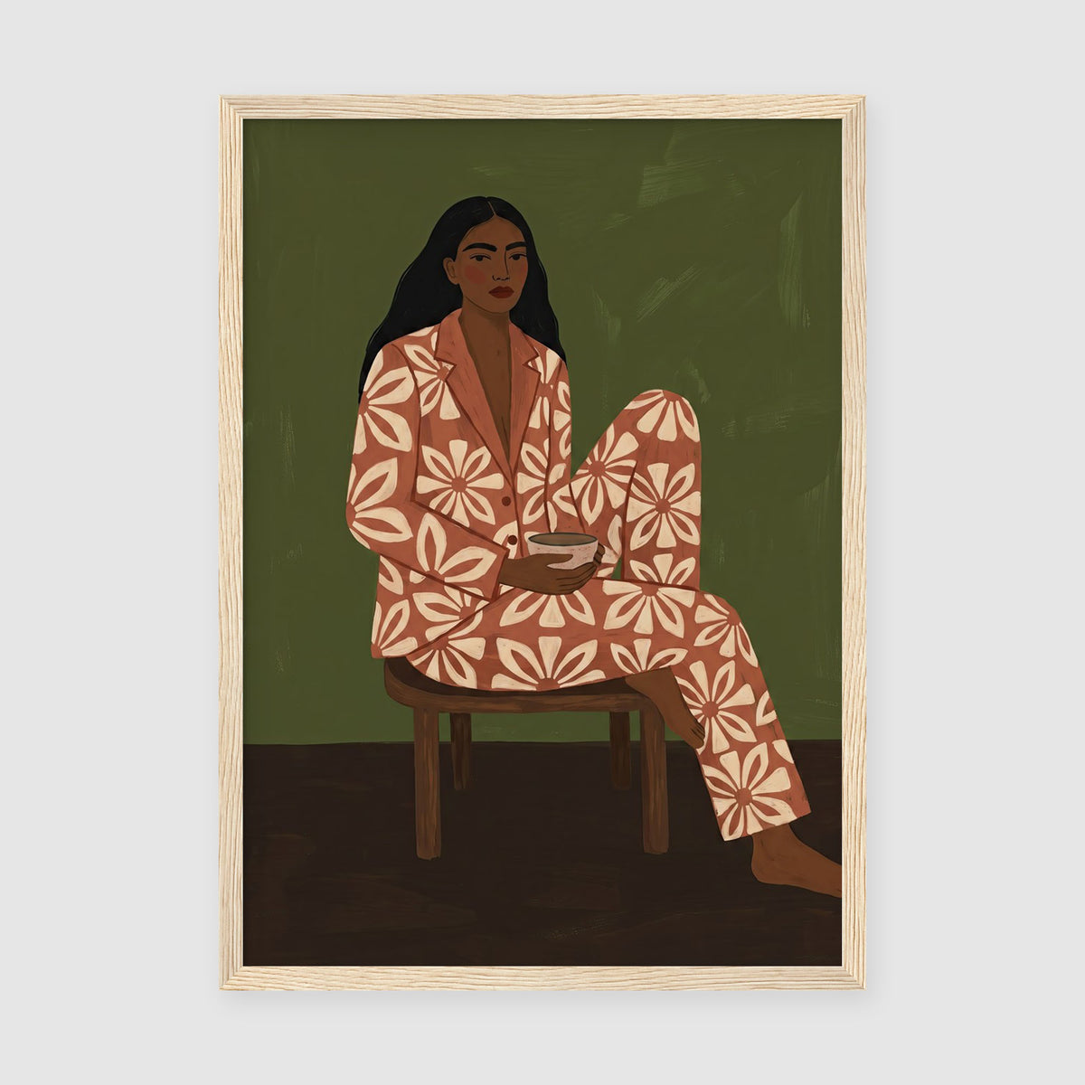 Woman portrait artwork showing seated figure in cream and terracotta floral clothing on green