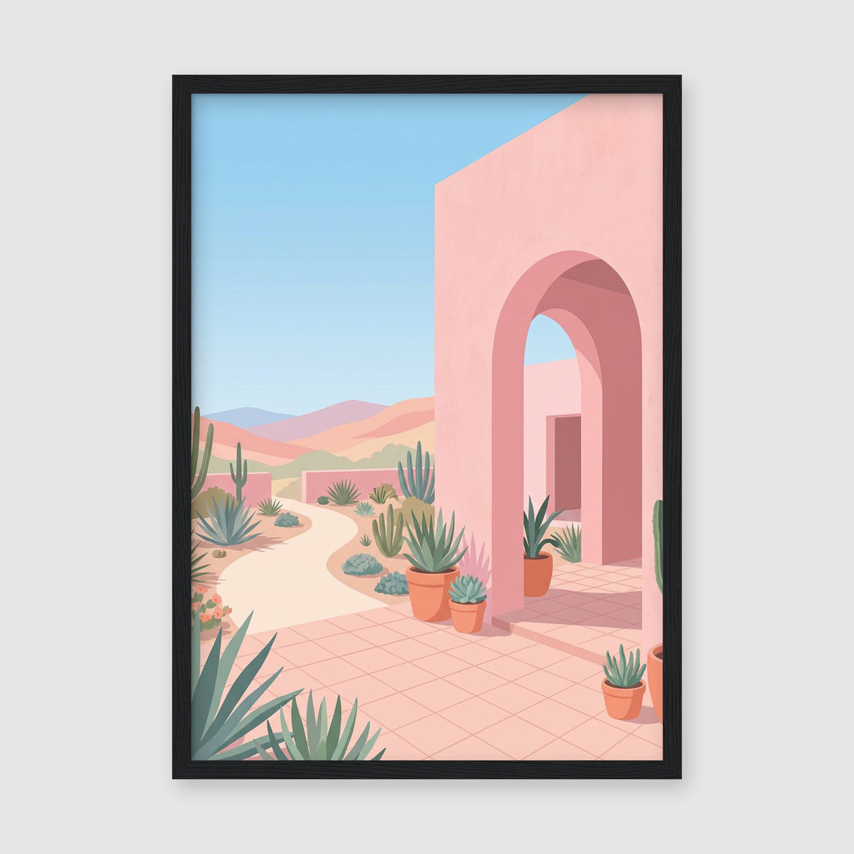 A4 Poster Print - Contemporary illustration of pink building archway surrounded by desert flora