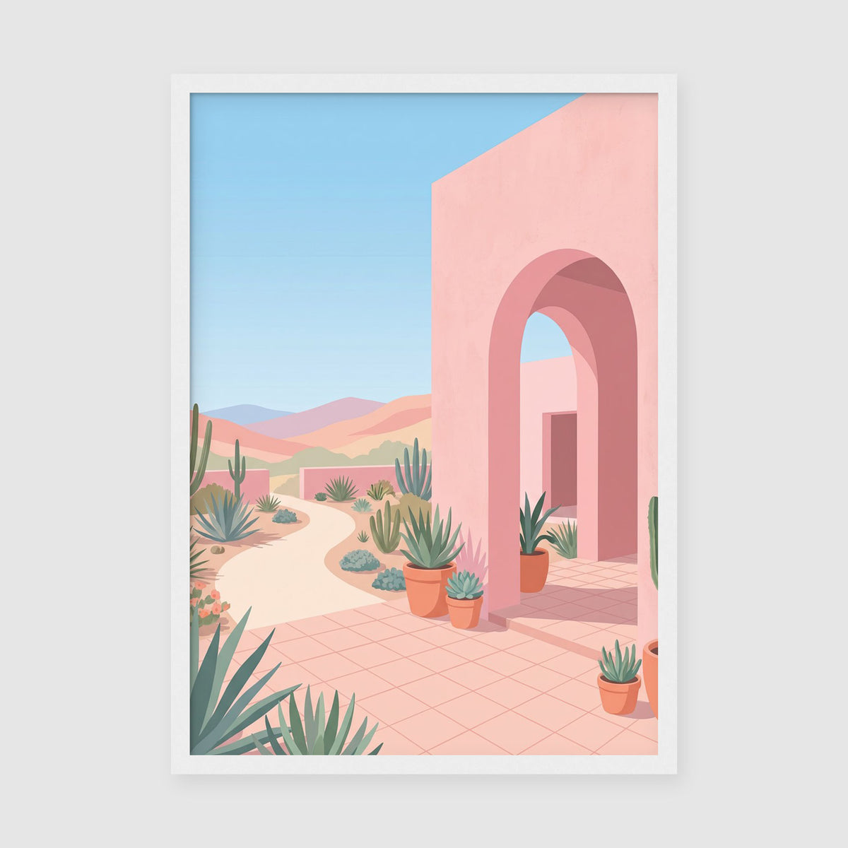 A4 Poster Print - Soft pastel desert landscape print with Moroccan-inspired architecture