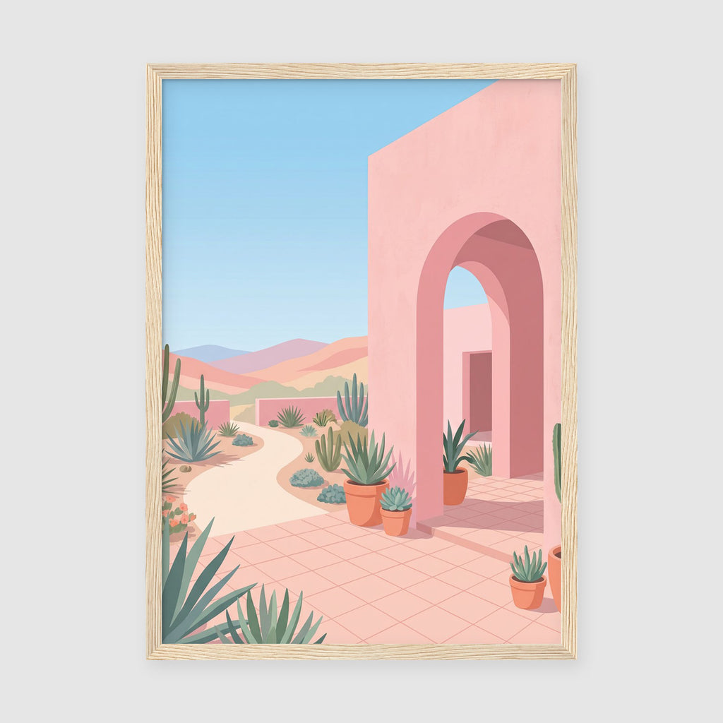 A4 Poster Print - Minimalist botanical garden print with pink archway and potted plants