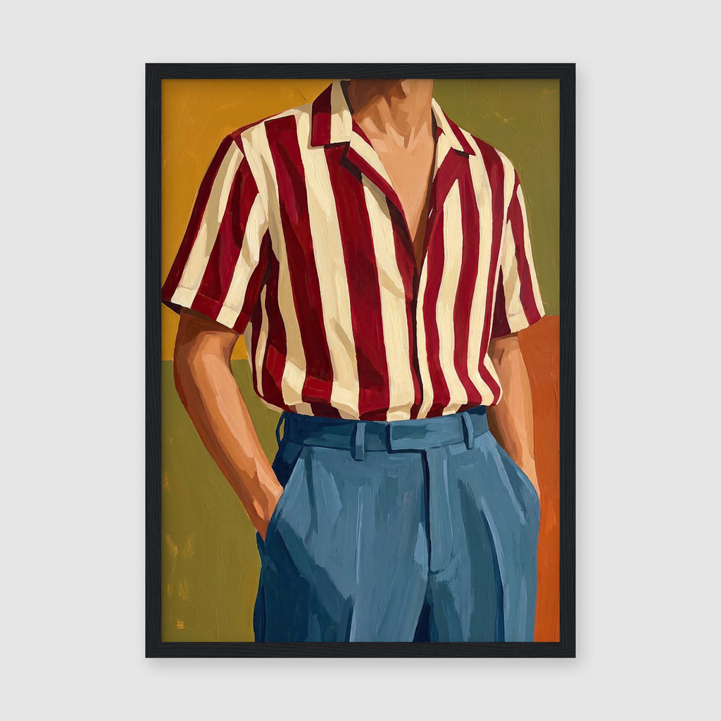 SKU PP-EAM-A4 - Vintage-inspired portrait poster featuring man in classic red and cream striped shirt framed in natural wood