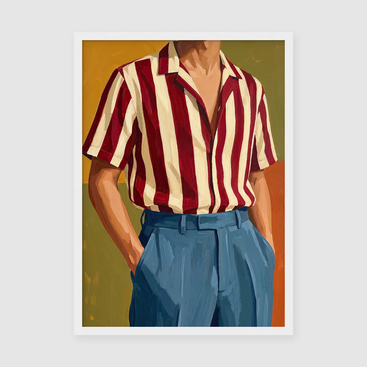 SKU PP-EAM-A4 - Mid-century modern illustration of gentleman in retro striped shirt and blue trousers on warm ochre backdrop