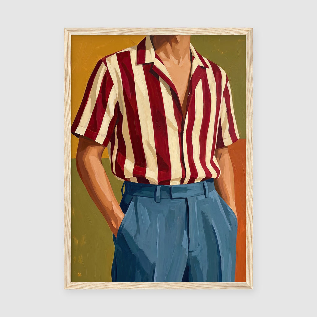 SKU PP-EAM-A4 - Stylised 1950s fashion portrait print showing man in burgundy striped shirt on warm terracotta and olive back