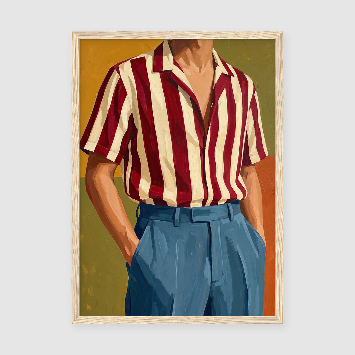 SKU PP-EAM-A4 - Stylised 1950s fashion portrait print showing man in burgundy striped shirt on warm terracotta and olive back
