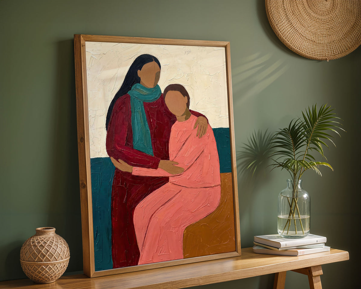 Lifestyle Frames Living Room - Modern portrait artwork of woman and child in warm coral and burgundy tones