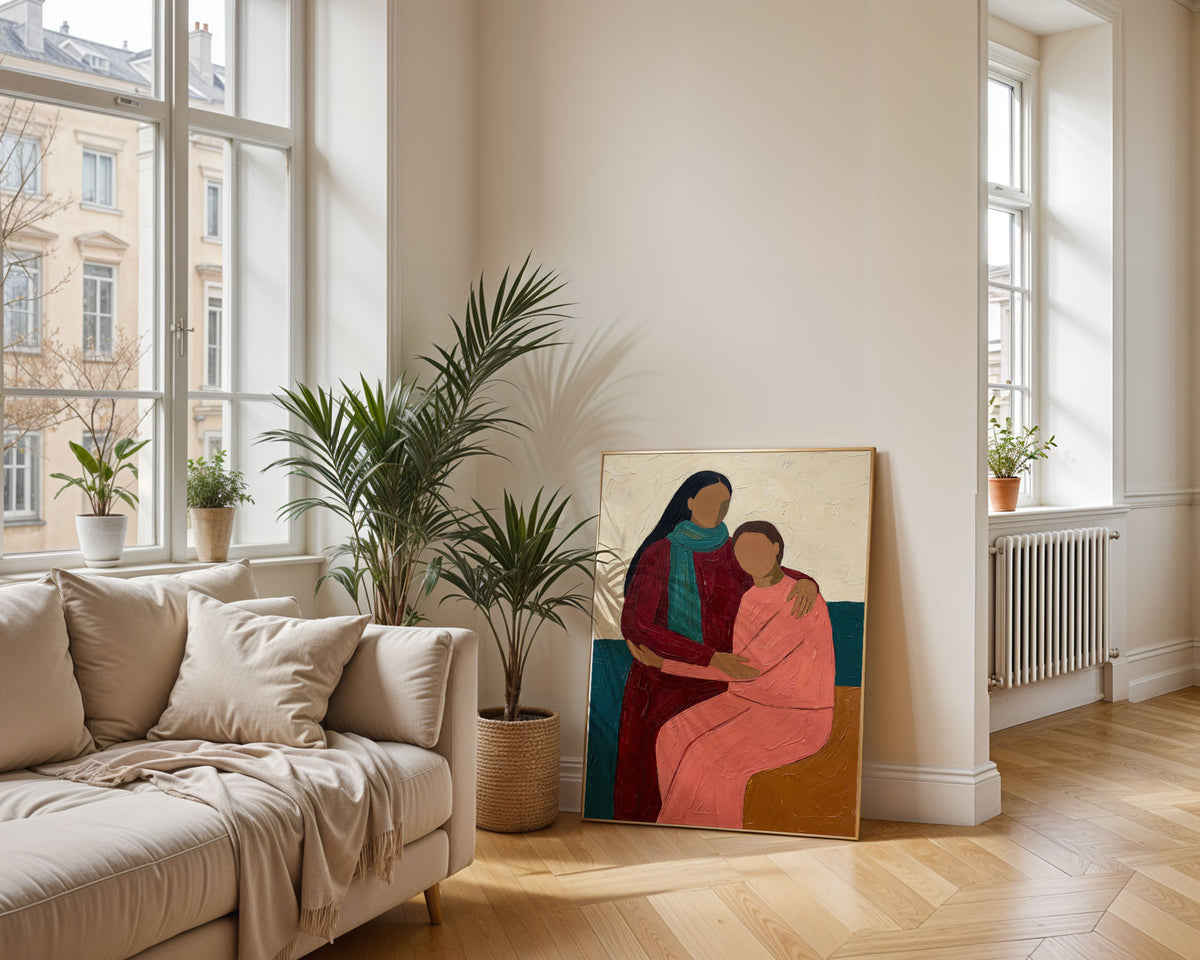 Lifestyle Frames Living Room - Contemporary mother and child figure painting with teal scarf detail