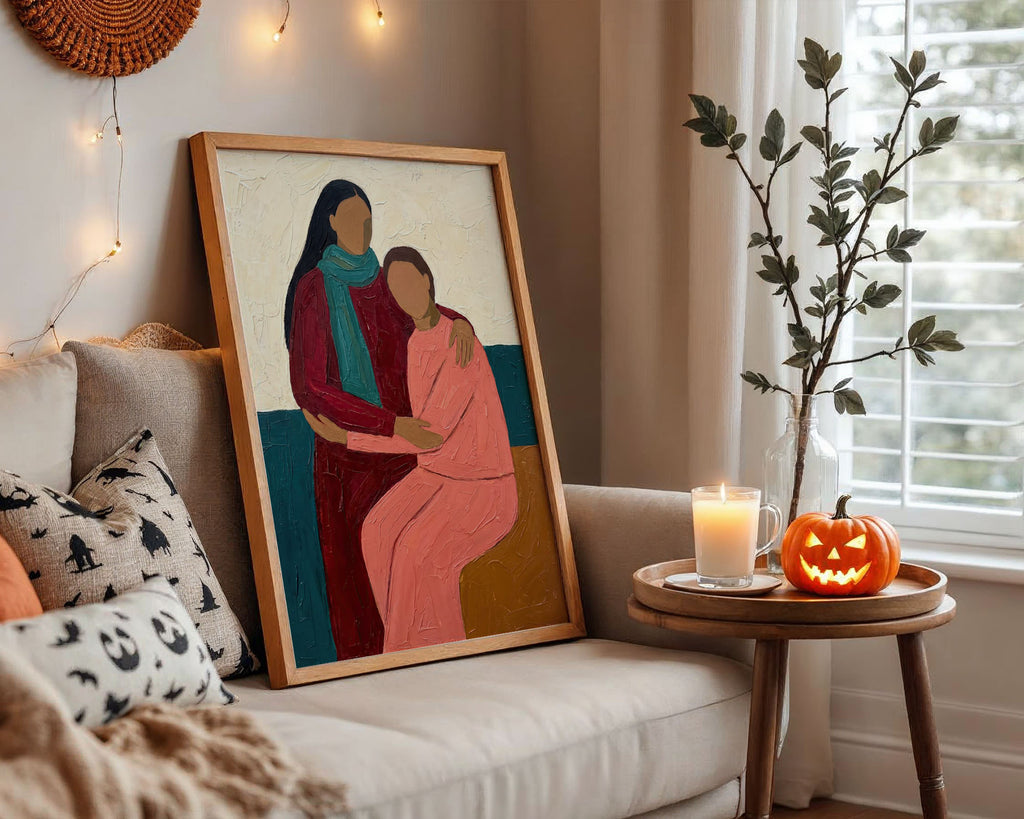 Lifestyle Frames Living Room - Abstract family portrait print with textured brushwork and earthy palette