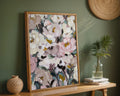 A4 Poster Print with Classic Black Frame - abstract pink and white peonies with golden stamens on matte paper