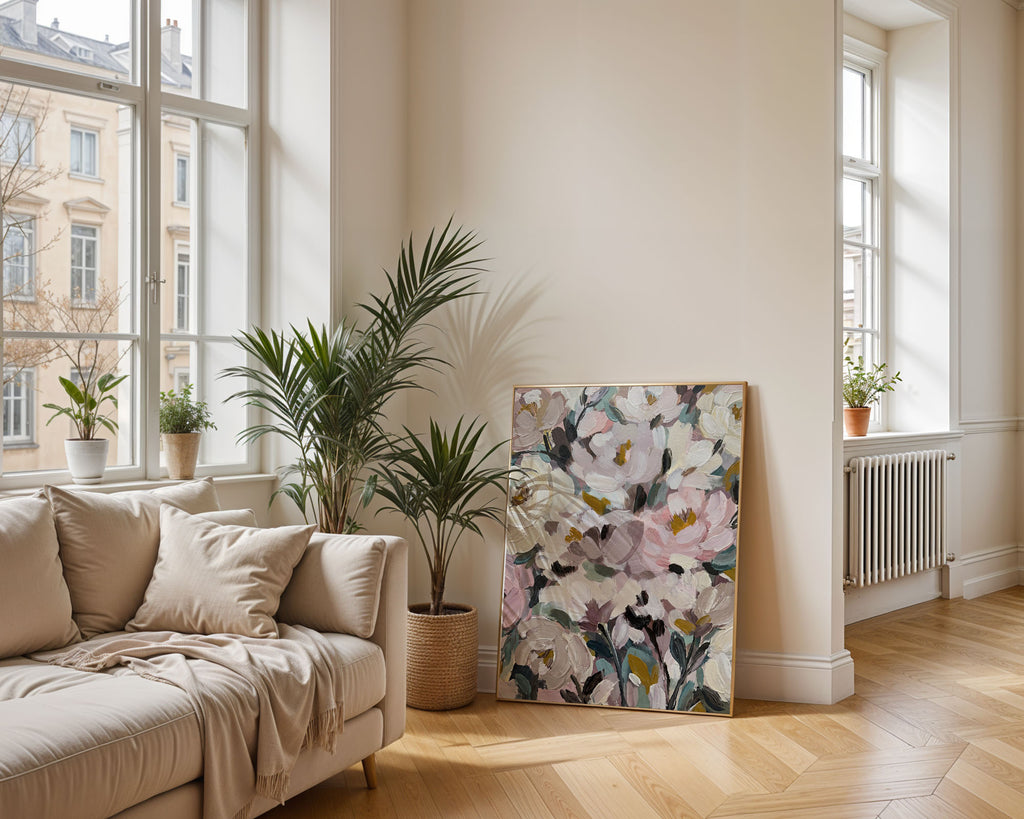 A4 Poster Print with Classic White Frame - contemporary floral artwork featuring soft pink and cream blooms