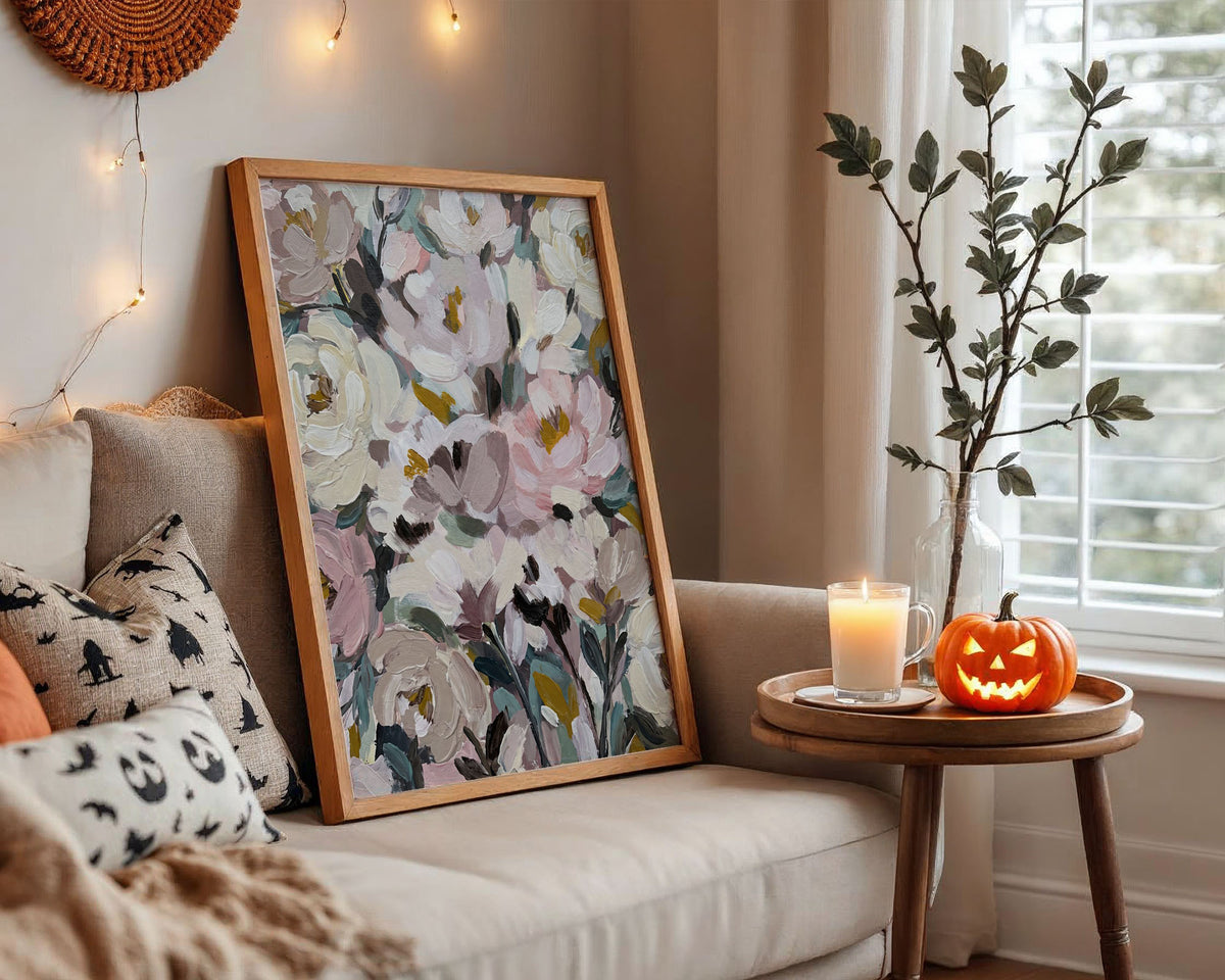 A4 Unframed Poster Print - loose brushstroke painting of peonies in pink, white and gold tones