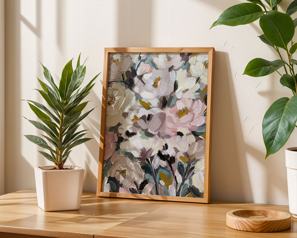 A4 Poster Print Styled in Living Room - botanical abstract art displayed above neutral furniture