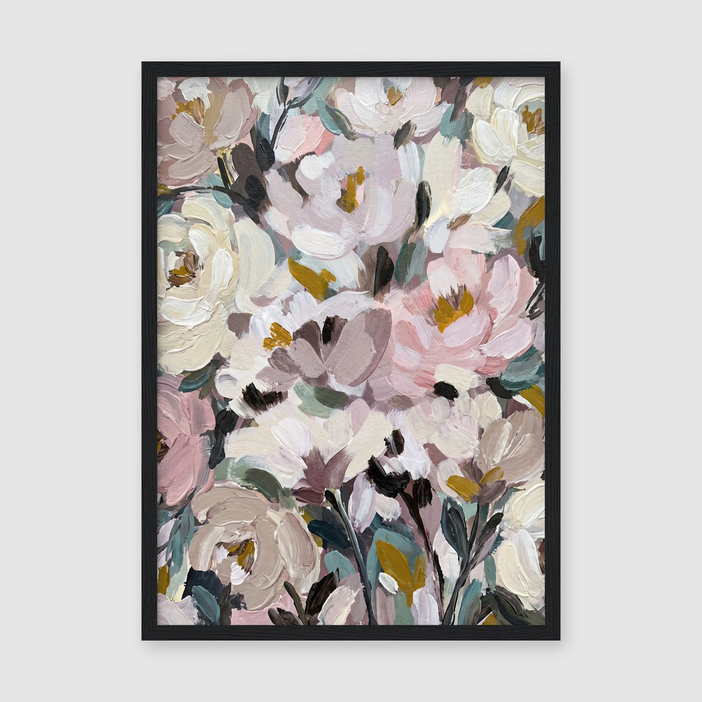 A4 Poster Print with Mount and Frame - modern flower painting with muted pink and green palette
