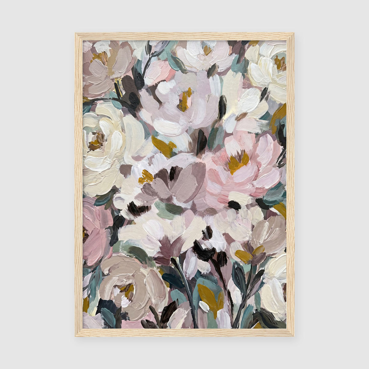 A4 Poster Print Gallery Display - abstract peony artwork showing detail of brushwork and colour depth