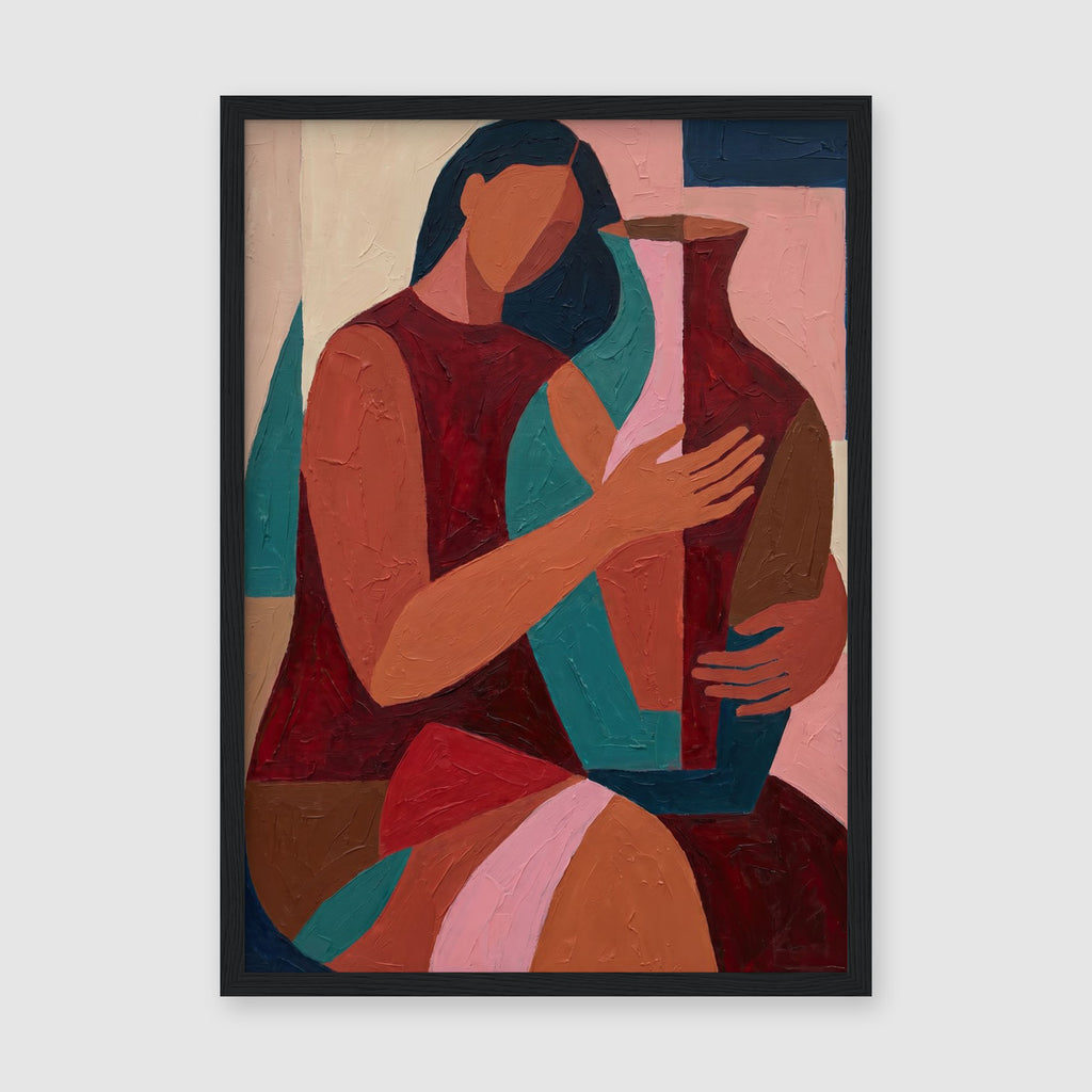 SKU PP-EAM-A4 - Abstract portrait in coral, red and teal tones with expressive figure and geometric background elements