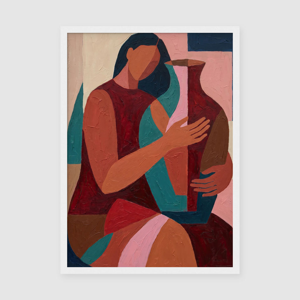SKU PP-EAM-A4 - Modern colour-rich artwork showing abstract figure in warm hues on framed gallery wall