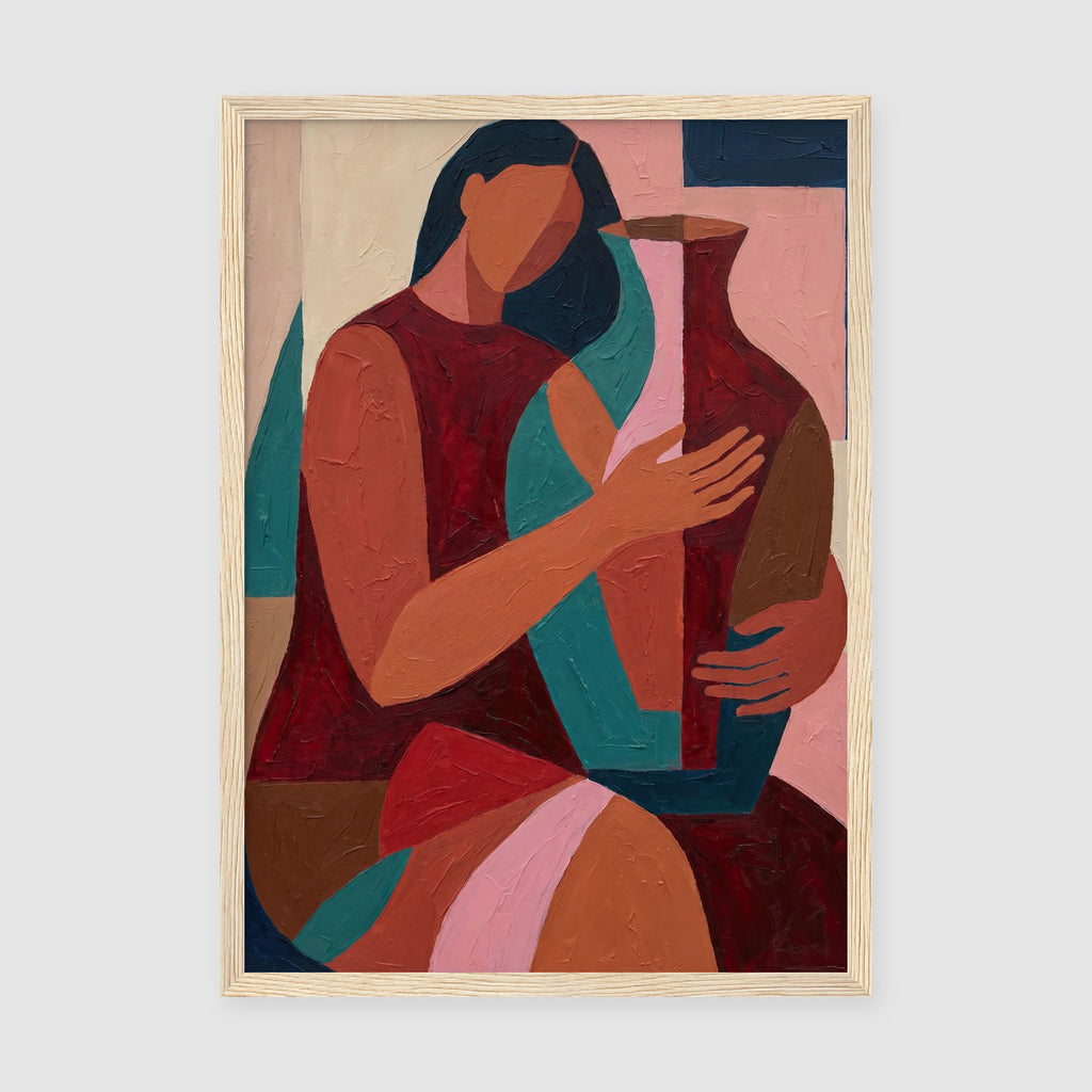 SKU PP-EAM-A4 - Contemporary art print with painterly abstract figure, warm terracotta and deep navy tones