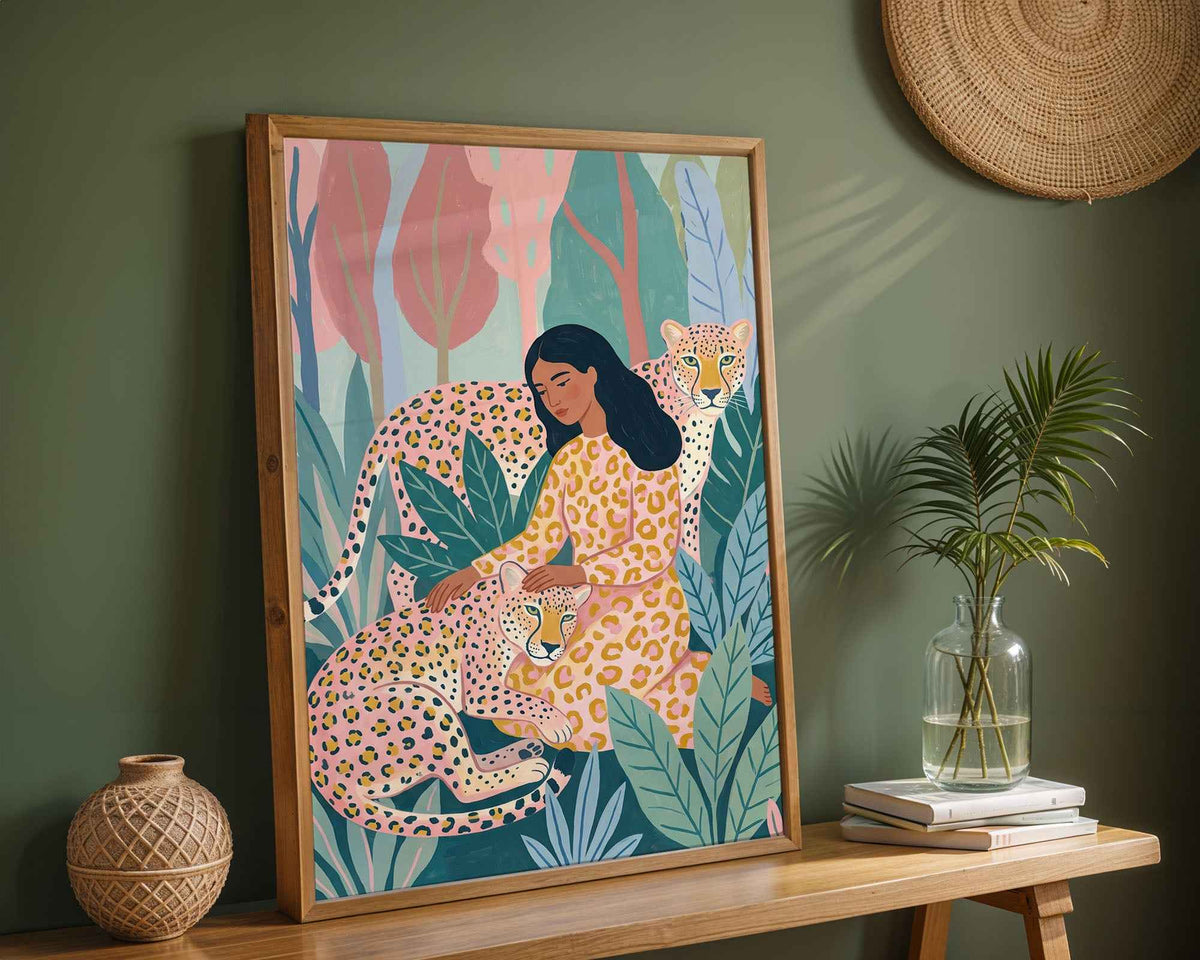 Woman with Leopards Botanical Art Poster