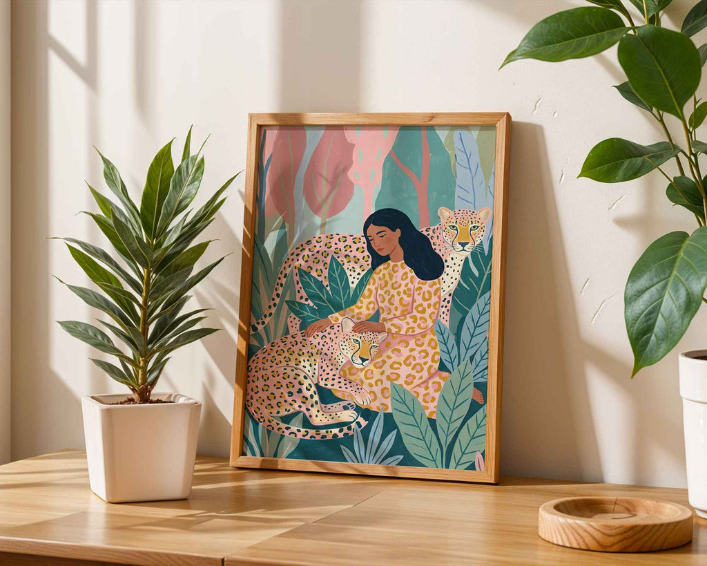 Woman with Leopards Botanical Art Poster