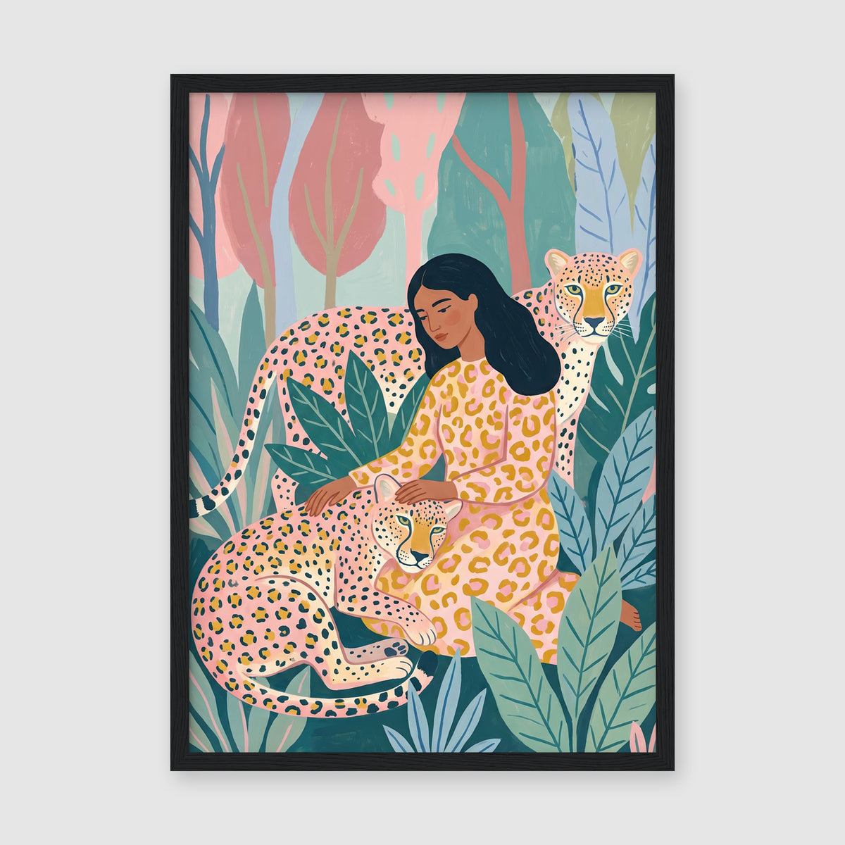 A4 poster print featuring contemporary illustration of woman with two big cats in a nature-inspired colour-blocked compositio