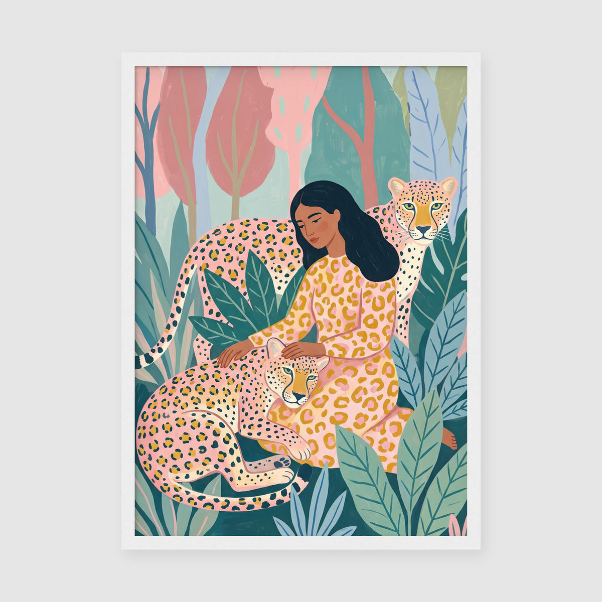 A4 matte poster art showing woman in patterned dress surrounded by wildlife in a serene forest with stylised trees